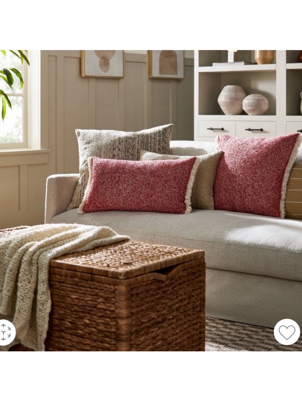 Studio McGee 14” x 24” Red herringbone throw pillow with white fringe